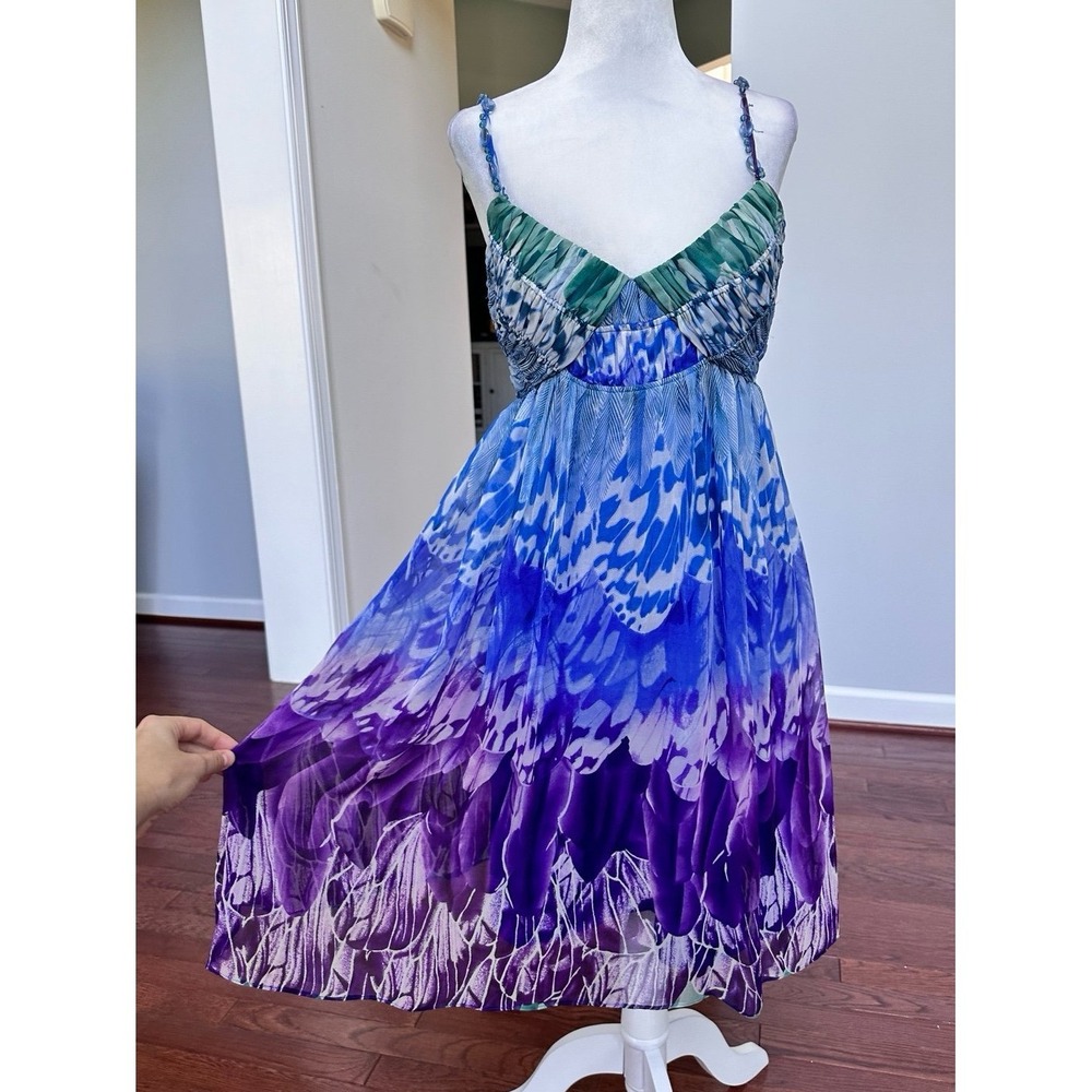 Vintage Y2K 100% Silk Beaded Strap Purple Green Blue Unique Feminine Dress
